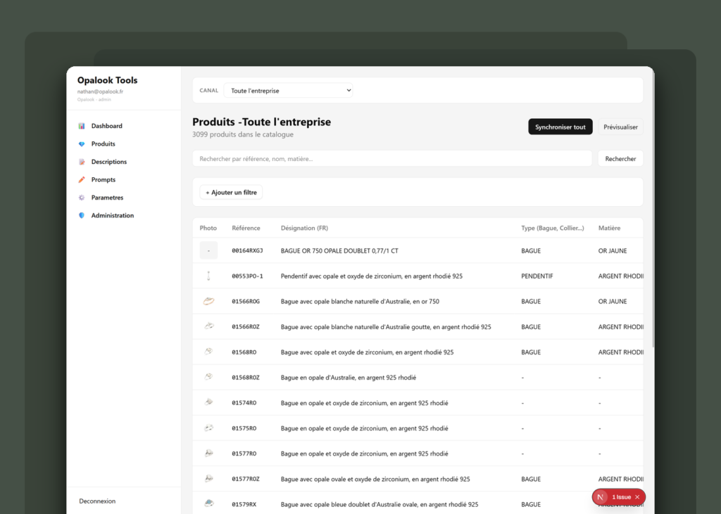 Plateforme métier sur-mesure (PIM, CRM, IA) - Opalook